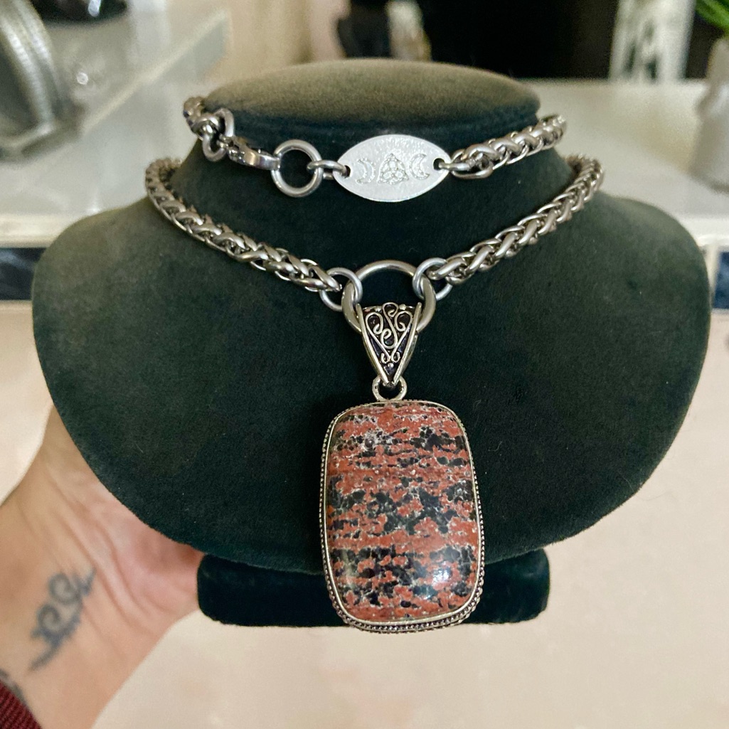 925 Sterling Silver Overlay Black & Red Obsidian Mahogany Charm Boho Necklace